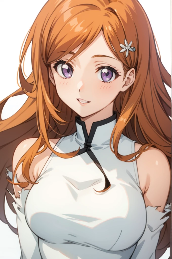 portrait, solo focus, solo, close-up, (white background, plain background, simple background:1.3), looking at viewer, (parted lips:1.2), (sunlight, bright, sunshine
:1.2)
eft_bleach_orihime, 1girl, inoue orihime, solo, long hair, orange hair, grey eyes, dress, breasts, detached sleeves, hair ornament, torn clothes, large breasts, white dress, bare shoulders, hairclip, purple eyes, smile, happy, from front,