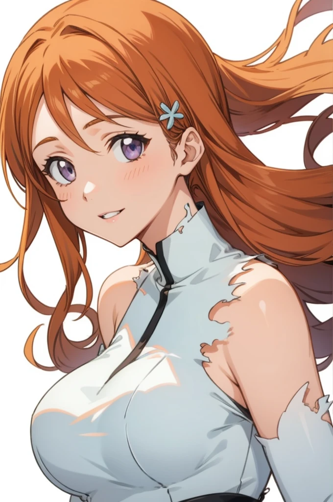 portrait, solo focus, solo, close-up, (white background, plain background, simple background:1.3), looking at viewer, (parted lips:1.2), (sunlight, bright, sunshine
:1.2)
eft_bleach_orihime, 1girl, inoue orihime, solo, long hair, orange hair, grey eyes, dress, breasts, detached sleeves, hair ornament, torn clothes, large breasts, white dress, bare shoulders, hairclip, purple eyes, smile, happy, from front,