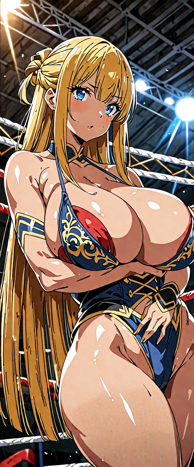 ((masterpiece)), ((high quality)), ((super detailed)), ((high resolution)) ,((8k)), a beautiful woman, ((She is one of the most famous female Gravure actress in the world.)), unparalleled beauty, ((huge breast)), ((large ass)), ((deep cleavage)), slim waist, chest out, ultra detailed face, perfect skin, (((Half-up hairstyle, Blonde straight hair))), blue eyes,  detailed eyes, whole body image, (((anime))), ((glamorous)), 21 years old, ((incredibly beautiful woman)), ((The I cup bust)),  ((((Black and Gold color sling bikini ring wear)))),  ((beautiful breasts)), beautiful legs, 8 life size, anime, the most beautiful and strongest, ((charm)), ((Half Japanese and half British)), ((Grown-up face)), ((Open Finger Glove, Five fingers)),  (((Women's mixed martial arts,  A fighting arena))), ((Bewitching)), ((A young heroine of the women's professional wrestling world)), ((((from below)))),