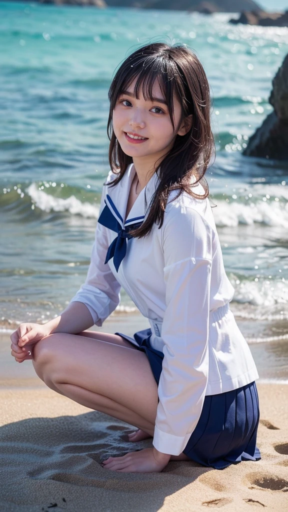 (((sunny day、Japanese 、Beach、A strong wind is blowing、Her hair and skirt are flying、Crouch down, Scooping up seawater and spreading your hands、Traditional navy blue sailor uniform、White blouse、Pleated skirt、Playing in sea water:1.25、splash、Pour water on the camera、smile、Laughter、Sandy Beach、Light of the sun、clear blue sea、The waves crash quietly、blue sky with white clouds、green mountain々、Beautiful Nature、The joy of youth)))、(((Top-down composition:1.33)))、(((8K、Highest quality、masterpiece、Ultra-high resolution)))、(Realistic:1.4)、RAW Photos、(Real skin texture:1.3)、(Film Grain:1.3)、((No underwear、Bend one leg))、One Girl、Beautiful and detailed eyes and face、barefoot、