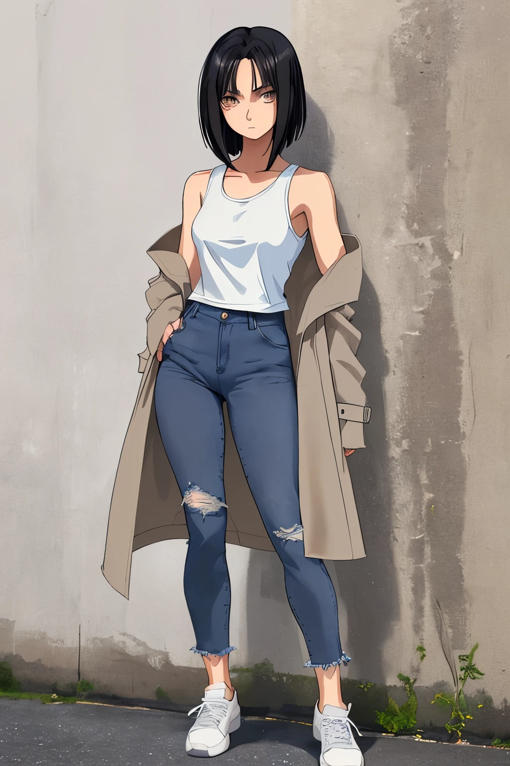 anime styling,a girl with shoulder-length black hair,fair skin with white eyes and dark brown pupils,neutral look,standing with arms crossed, leaning against a wall wearing clothes:White tank top,a gray coat, jeans,and a pair of blue sneakers.