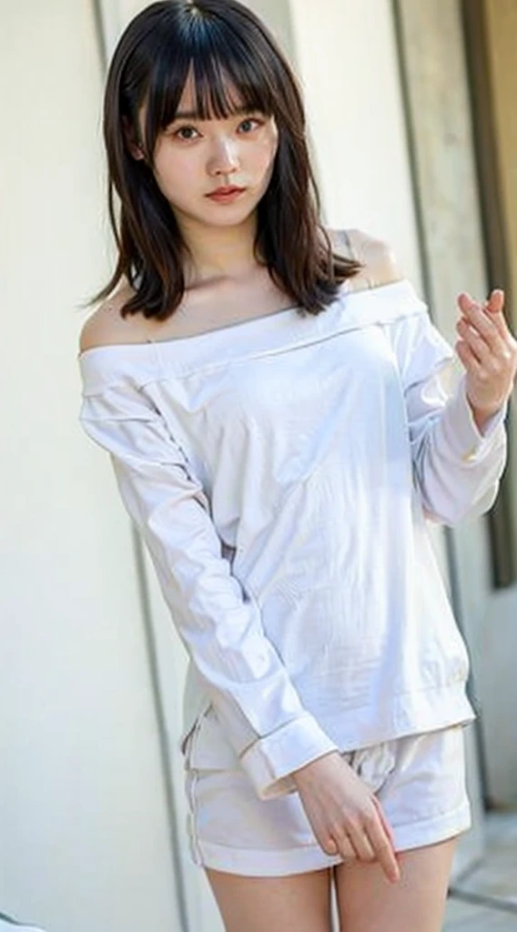 ((Highest quality, 8K, masterpiece: 1.3)), sharp: 1.2, Perfect Body Beauty: 1.4, Slim Abs: 1.2, ((Change of clothes:1.2、Big Breasts: 1.2)), (((Off-shoulder pajamas))), Short shorts:1.2, Bare shoulders, (((Underbust: 1.1))), Face close-up: 1.0, Highly detailed face and skin texture, Beautiful Eyes, double eyelid, (((Looking down at the camera)))