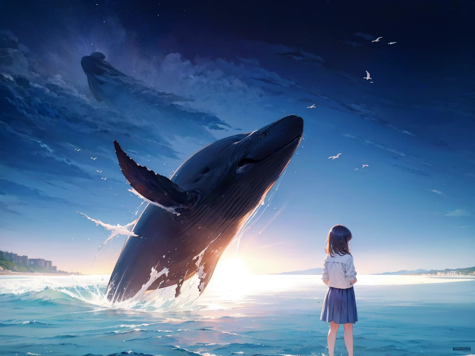 girl looking at the ocean, from behind, whale jumping out of the ocean, landscape, wideangle, masterpiece, wallpaper
