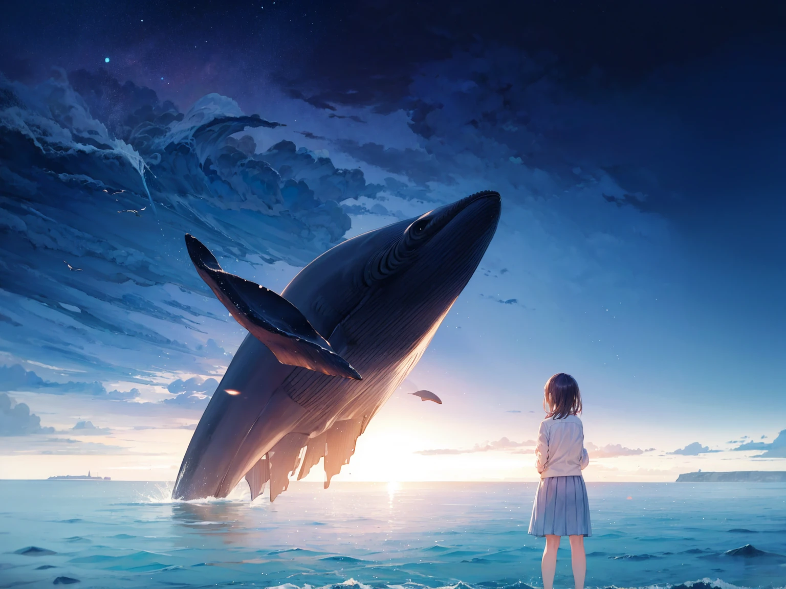 girl looking at the ocean, from behind, whale jumping out of the ocean, landscape, wideangle, masterpiece, wallpaper