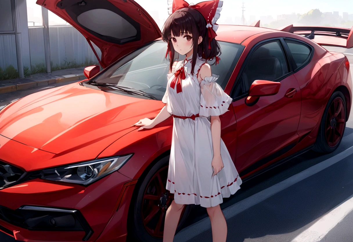 araffe girl in a white dress standing next to a red car, anime style 4 k, anime style. 8k, cute anime waifu in a nice dress, anime moe artstyle, 8k!, reimu hakurei, made with anime painter studio, guweiz, smooth anime cg art, badass anime 8 k, high quality anime artstyle