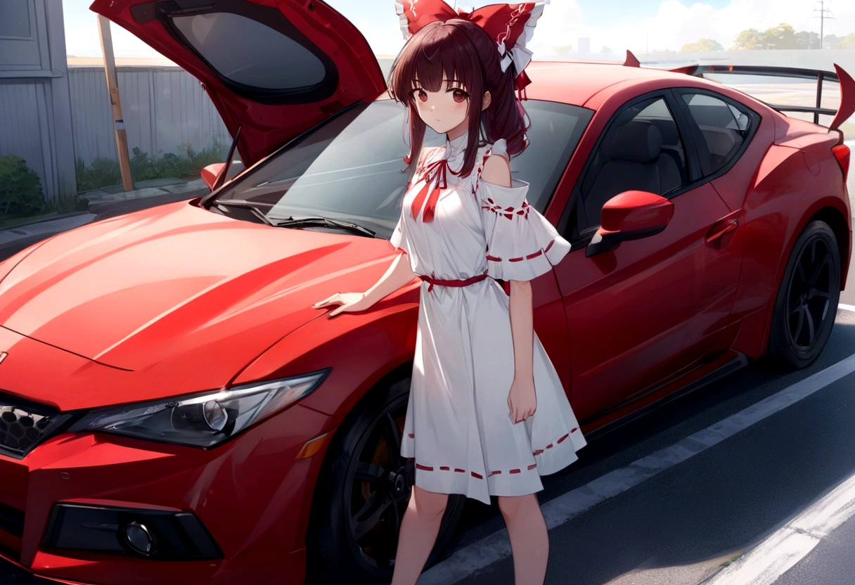 araffe girl in a white dress standing next to a red car, anime style 4 k, anime style. 8k, cute anime waifu in a nice dress, anime moe artstyle, 8k!, reimu hakurei, made with anime painter studio, guweiz, smooth anime cg art, badass anime 8 k, high quality anime artstyle