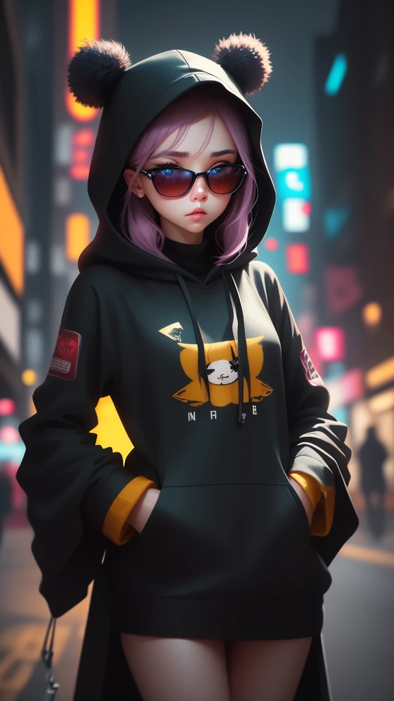 ((Best Quality)), ((Masterpiece)), (Very detailed: 1.3), 3D, NeonNoir, a close up of a beautiful cyberpunk (((selena Gomez:Emma Watson:0.7))) (( 27 yrs old)) (holding teddy bear: 1), (wearing sunglasses: 1.2), (diamond-shaped pupils: 1.2), heart-shaped, wearing a long hooded cape, (wearing a hood: 1.2), purple neon on the monitor, colorful neon signs on the wall, street lights, (white emitting: 1.1), contemptuous eyes, Standing on the street, Sony Master lens,