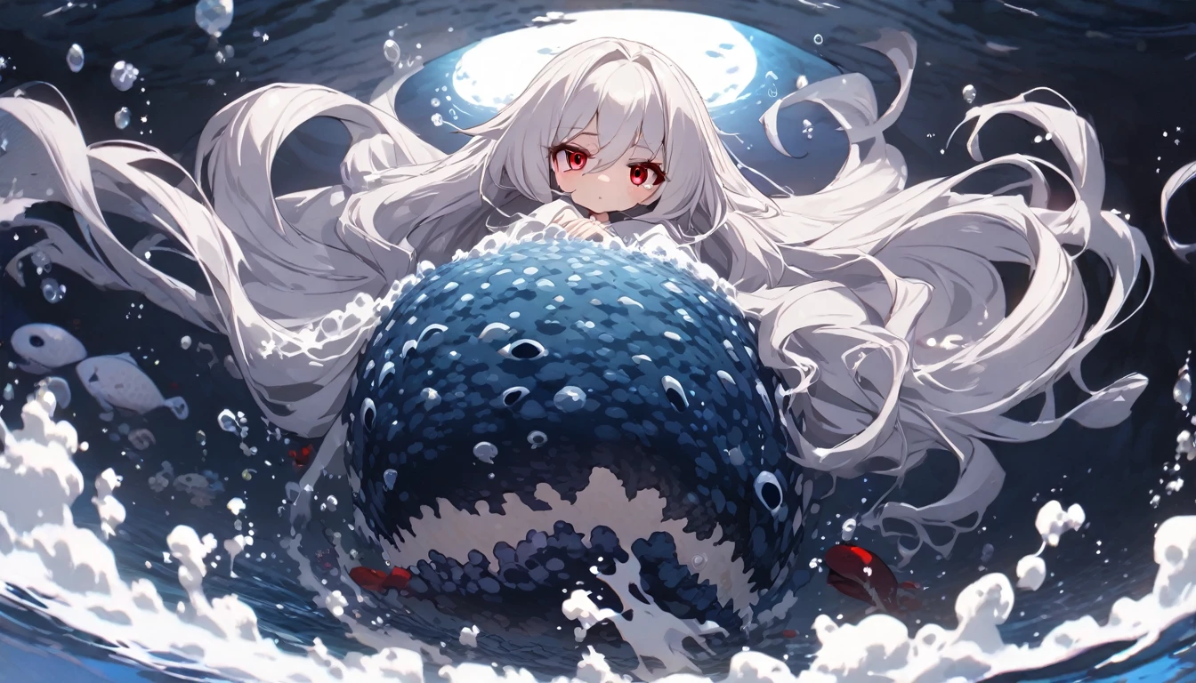 panoramic, (Deep abyss diving style), (biggest Deep Sea Creatures) and (one girl), (10 yo silver hair long hair alluring girl, detailed red eyes), in a white robe, (Drifting in the deep sea), break, (in the deep abyss, background a Lightless Sea foam), BREAK, perfect anatomy, masterpiece, best quality, 16k, beautiful detailed deep abyss, daydreaming expression