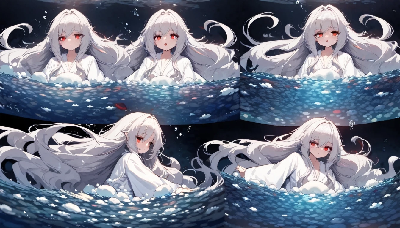 panoramic, (Deep abyss diving style), (biggest Deep Sea Creatures) and (one girl), (10 yo silver hair long hair alluring girl, detailed red eyes), in a white robe, (Drifting in the deep sea), break, (in the deep abyss, background a Lightless Sea foam), BREAK, perfect anatomy, masterpiece, best quality, 16k, beautiful detailed deep abyss, daydreaming expression