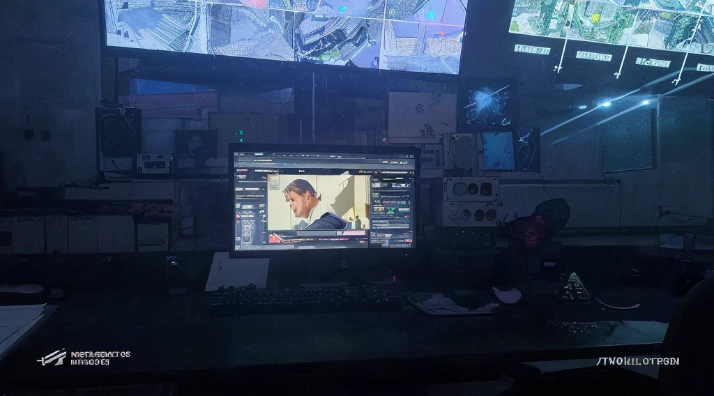 take this image and make it more like a geometric scene, I want the abandoned place, dark as in the image and with 4 monitors instead of 1, make the camera a little straighter towards the main monitor, remove watermarks, make it look like it's the setting of a video game.