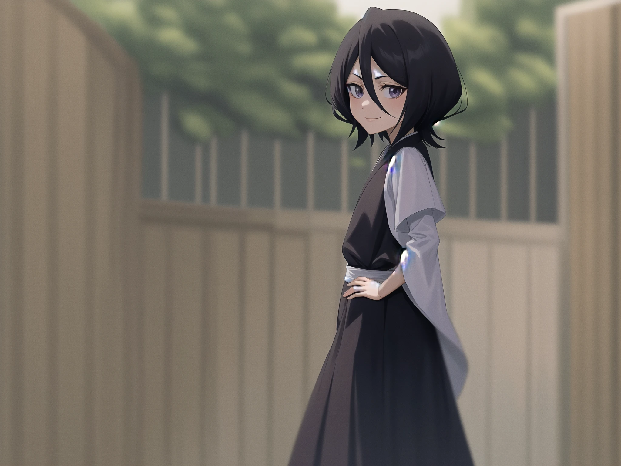 anime screencap, forest,path,
1girl, solo, hand on hip, short hair, black hair, purple eyes, japanese clothes, smile, looking at viewer, black kimono, hair between eyes, cowboy shot, wide sleeves, facing viewer, black hakama,white_sash, 