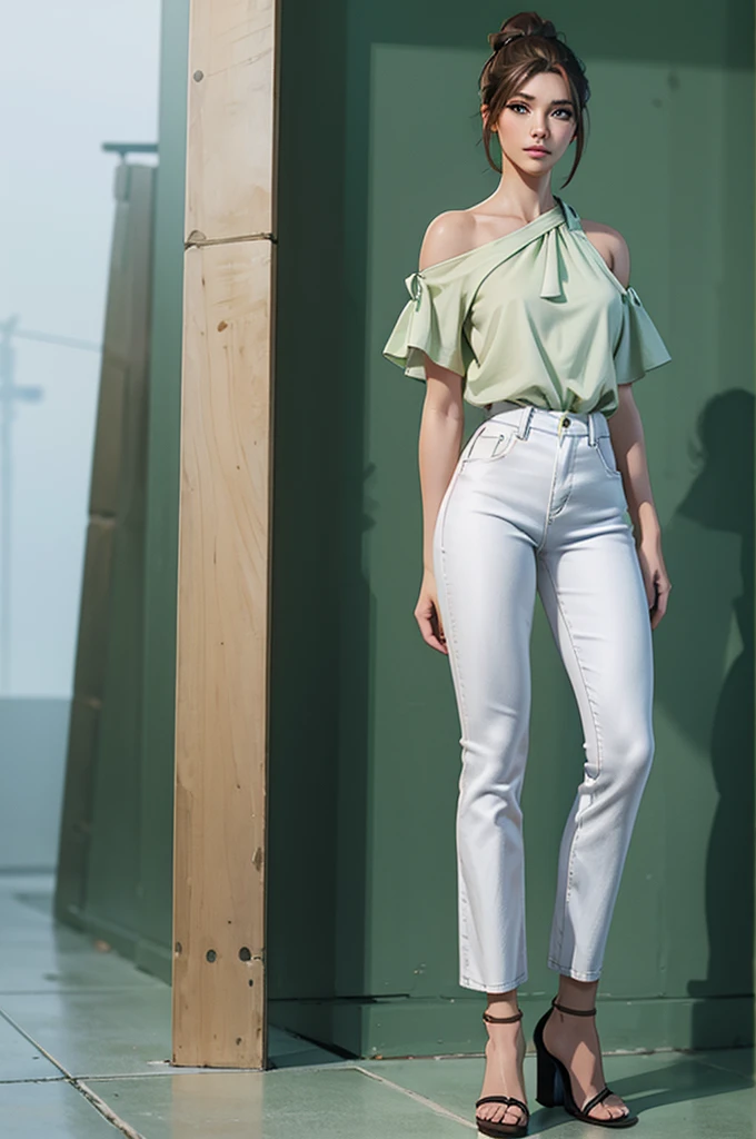 a woman, standing, front view, 18 years old, brown hair tied in a medium ponytail, green eyes with long eyelashes, white blouse with exposed shoulders, jeans, brown high-heeled sandals, attractive proportional body, minimalist full-length photo, 8k resolution, high quality, detaile