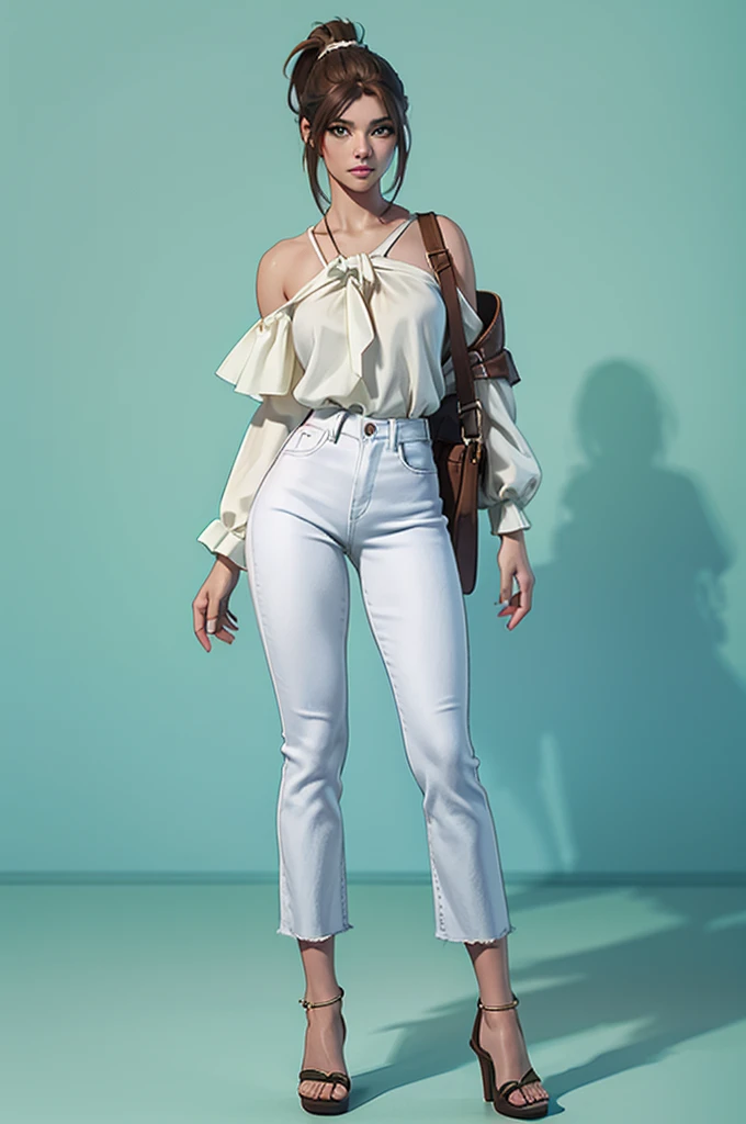 a woman, standing, front view, 18 years old, brown hair tied in a medium ponytail, green eyes with long eyelashes, white blouse with exposed shoulders, jeans, brown high-heeled sandals, attractive proportional body, minimalist full-length photo, 8k resolution, high quality, detaile