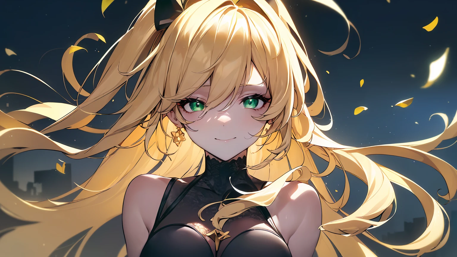 ((((Obra maestra, La mejor calidad, ultrahigh resolution)))), 1girl, standing,), ((long pure blonde hair, hair over eye)), long hair cut, shiny skin, ((green eyes)), glowing_eyes, neon eyes, (ultra detailed eyes:0.7, beautiful and detailed face, detailed eyes:0.9), ((centered)), smirk, facing viewer, ((vibrant background, dark lighting, summer, sunlight)), large chested, looking at viewer, ((half closed eyes)), ((perfect hands)), (((head:1, arms, hips in view, elbows, in view))), ((hands behind back)), empty eyes, beautiful lighting, ((outside, outdoors)), defined subject, head tilt, (((gritty)), ((creepy)), ((cool)), ((beautiful)), (((SFW))), hair ornament, petals in the air, moon in the sky, city, mature woman, adult woman, sfw, dark gold night dress, night dress, she is a princess, smiling