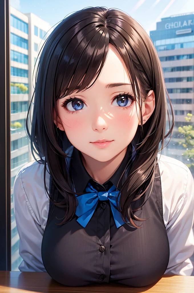 One girl, Mature Woman, Best, bow, photograph, Realistic, Highest quality, employment, Detailed face, office, Building seen from the window, Detailed Background, Diffused sunlight, Depth of written boundary, Bokeh、nsfw