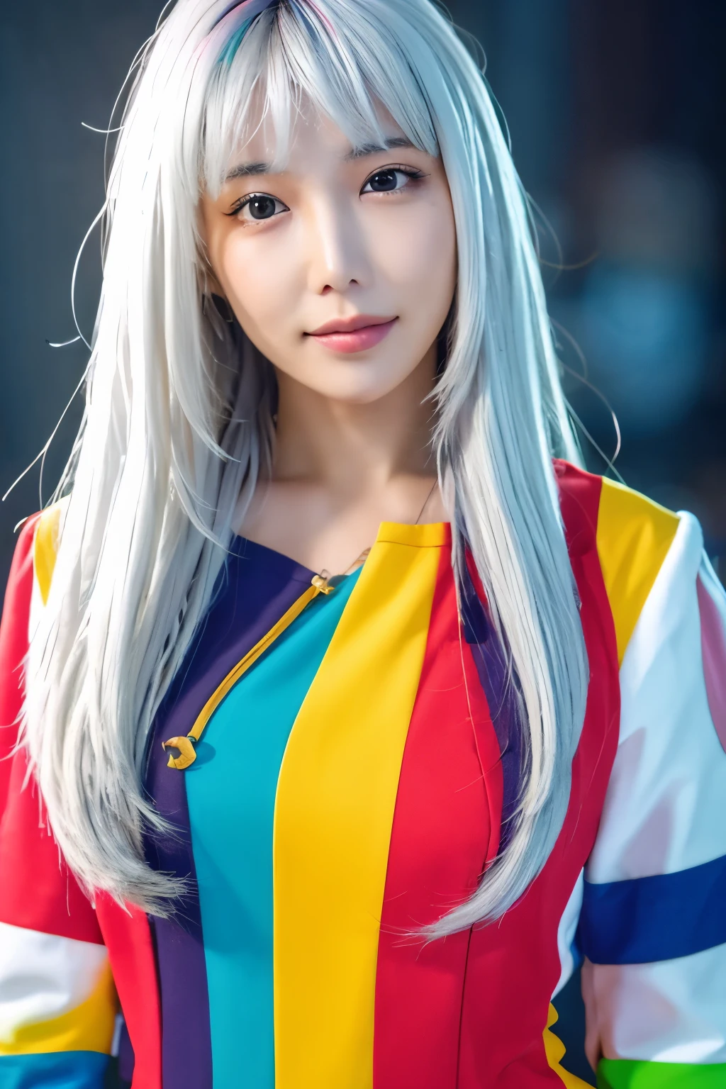 Masterpiece, high quality, high resolution, 8K, (solo:1.2), ((1girl)), Japanese woman, detailed face, detailed eyes, correct body structure, upper body, ((White hair:1.2)), very long hair, messy hair, slender body, seductive silhouette, luminous bones, depth of field, dark photo at nighttime, dimly lit, bangs, Cinematic Lighting, Tyndall effect, abstract background, futuristic outfits, vibrant colors, modern style, wide sleeves, artistic, unique patterns, colorful, stylish, trendy