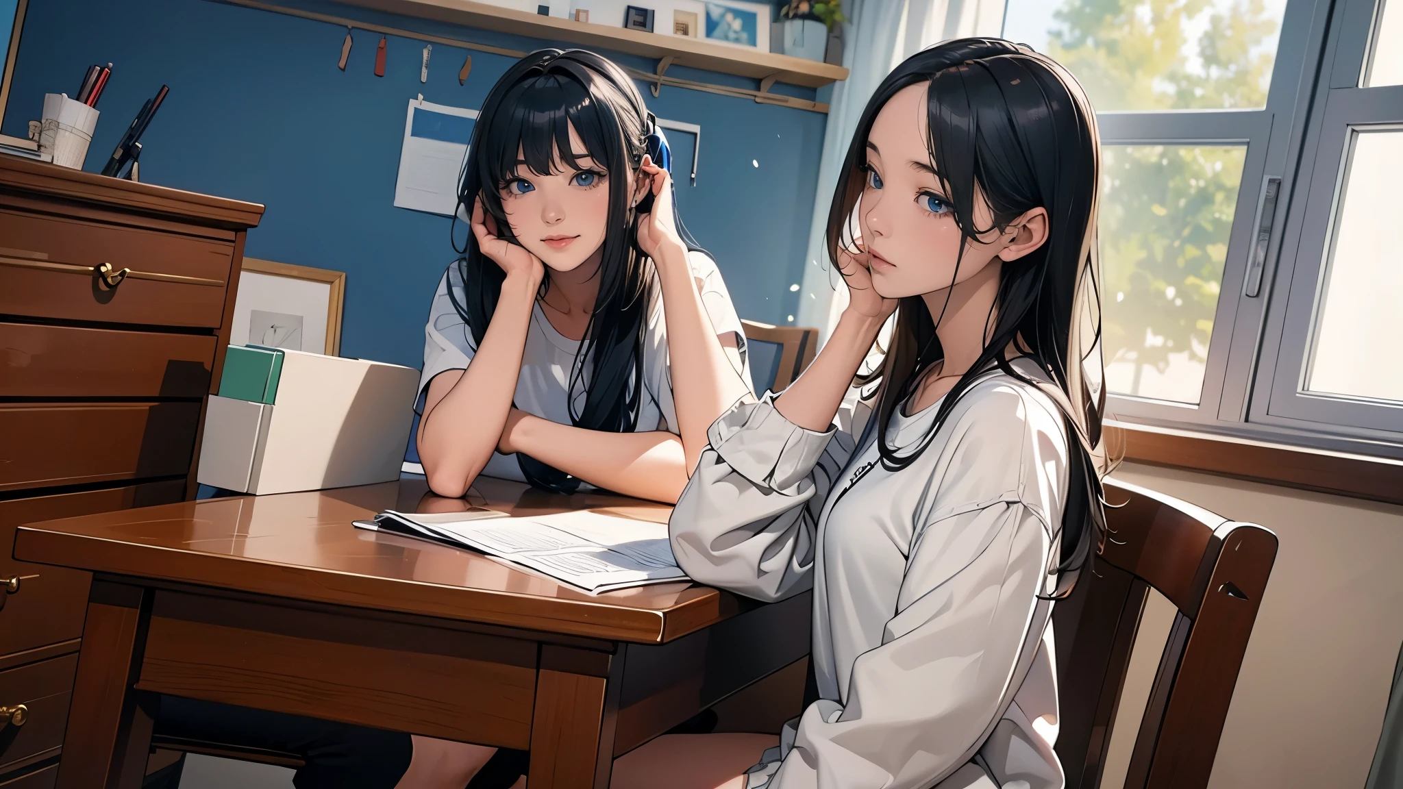 Ultra HD、super high quality、masterpiece、detailed、8K、The place is your room、A high school girl in her room1Person sitting and listening to music on headphones、Studying at a desk、The room is small、15-year-old high school girl、The high school girl is Russian and has long black hair.、Has blue eyes、Has a glamorous figure、The clothes she's wearing are a camisole, a miniskirt, and knee-high socks.、Or wearing a uniform、Pretty sexy、Lo-Fi images,The background is blurred、Nostalgic and relaxing atmosphere、The decorations are retro.、Late Night、The light is a desk lamp