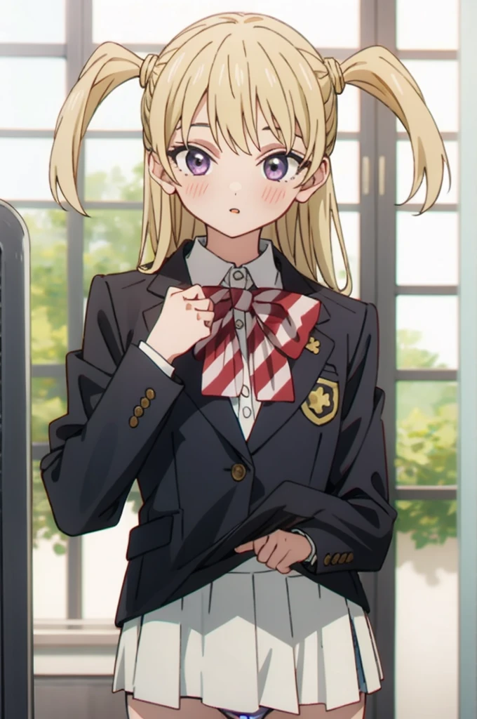  looking at viewer
 akebi_gold, 1girl, solo, purple eyes, blonde hair, looking at viewer, , blush, bow, two side up, long hair, jacket, bowtie, parted lips, shirt, window, collared shirt, striped bow, white shirt,  striped, black jacket, bangs, red bow, portrait, indoors, blazer, ,miniskirt,(((lift skirt,panties)))