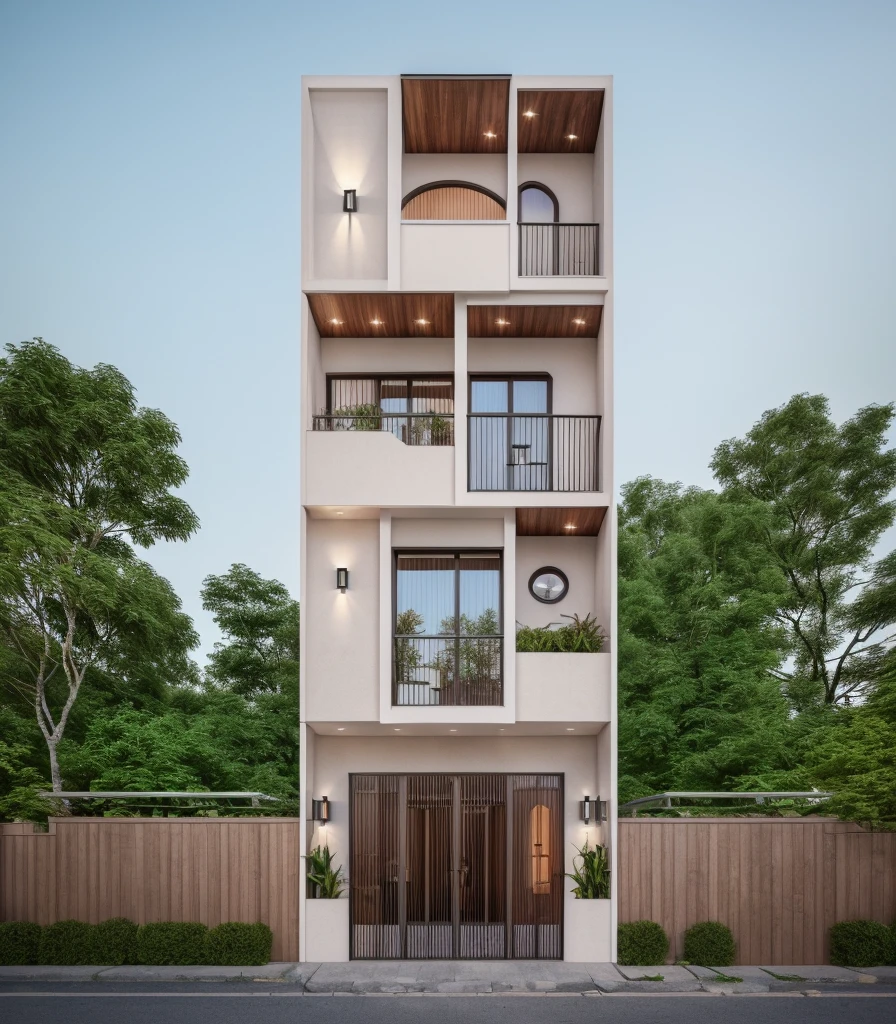 (Townhouse in city ,close houses and trees), daylight ( best quality) ((high solution)) ,(( photo realistic)) ,warm light, (sharp focont view of townhouse in style of modern,small house, Narrow area,VietNam,facade, curved arch,beautiful facade,curved windown,narrow and long ,two-storey,mutual colours, soft lighting, warm atmosphere,high Resolution, hyper detailed,4k ,vray render, octane render, hyper realistic, photography expert ,exterior design , professional photography, exterior photography,wide-angle shot , ultra detail , high Resolution , full frame, full body