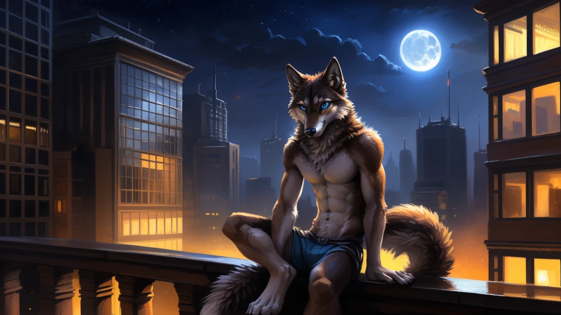 ((Solo)), male people, anthro wolf, (Multi-colored fur, White-brown:1.3), ((Wolf face, Big eyes, White eyelids, Blue pupil, Slim:1.2) (Tough, Calm expression:1.2)), (Height 2.1 meters,Tail length 1.5m), Abs, Slim, pinging, (Correct anatomy), (Contour bone:1.2), The upper body is naked, (detailed outfits), a long large tail，Feet，(Realistic fur, Detailed fur texture, labeled:1.3)), (Natural lighting), Photorealistic, Hyperrealistic, ultradetailed, by Kenket，In the modern city，Roof，the night，Sit alone，Look at the full moon，It was dark，Starry
