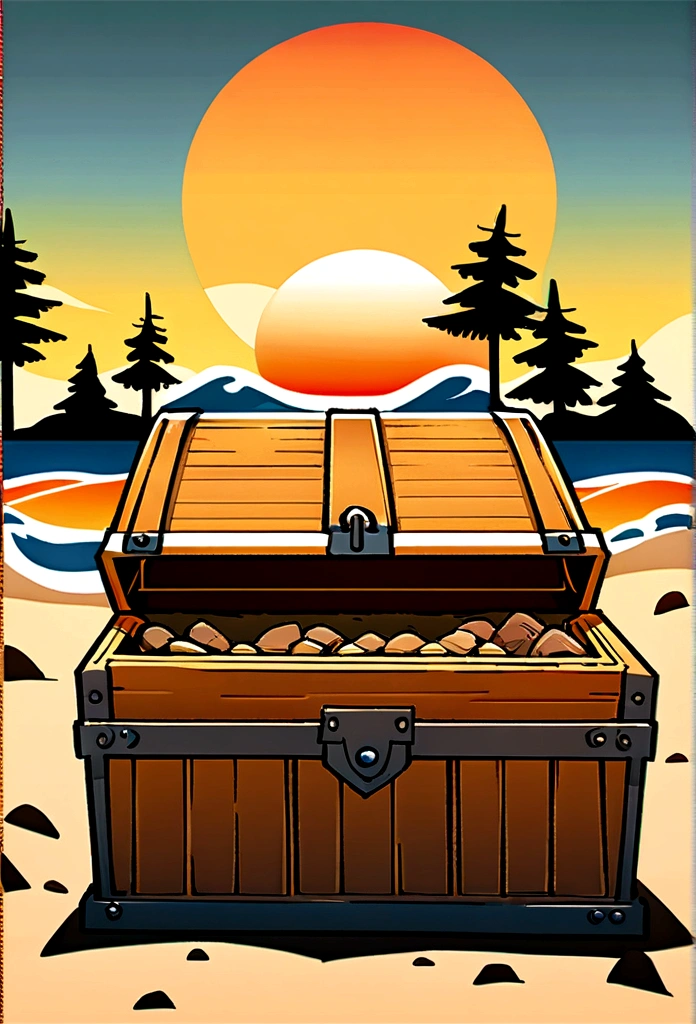 Beautiful design arts work,xampu,brown spruce,sun sunset ,flat illustration,Vibrant,design vintage,bathroom background,8k sunset on an island and a treasure chest oepened on the sand, close up