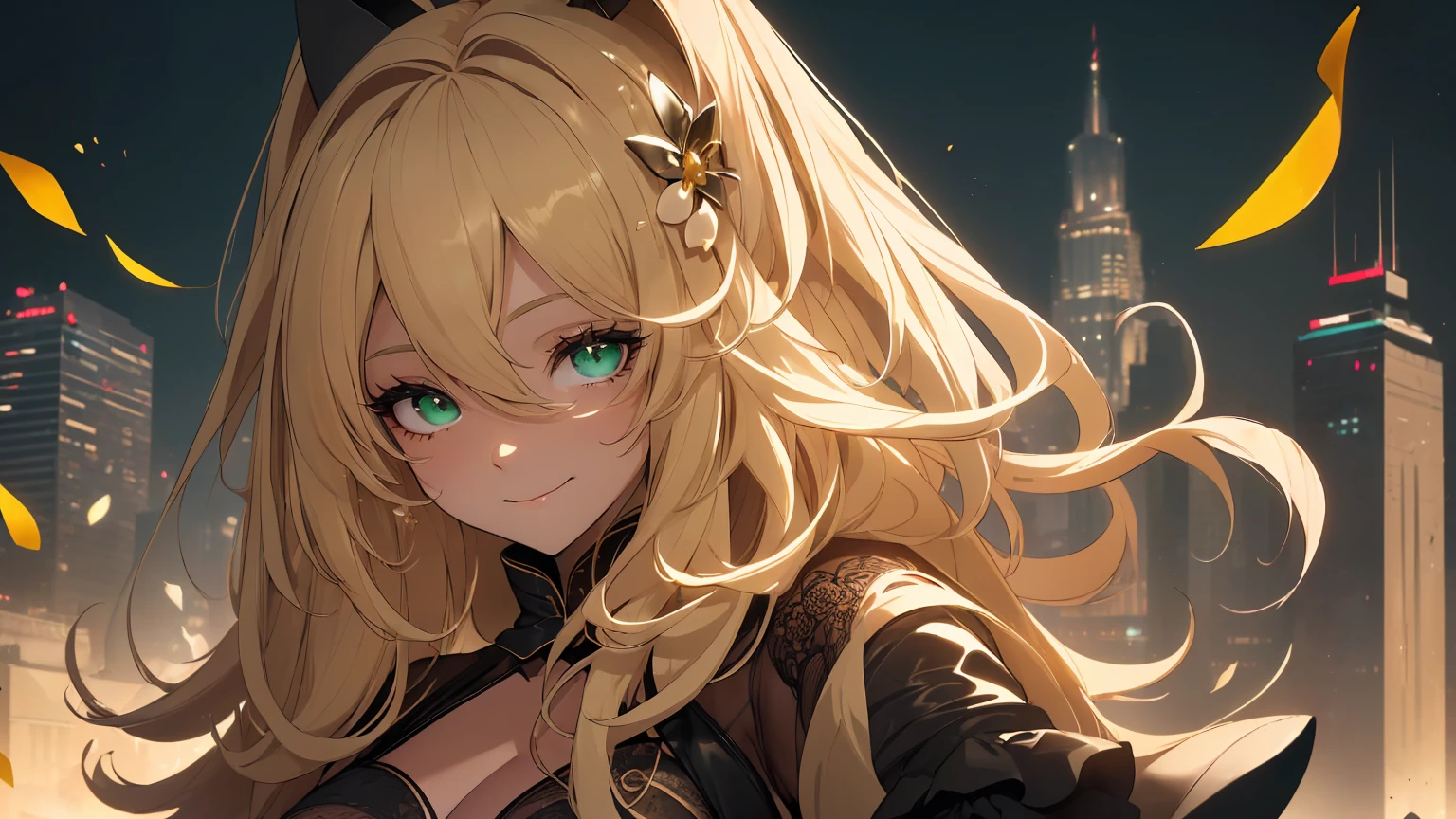 ((((Obra maestra, La mejor calidad, ultrahigh resolution)))), 1girl, standing,), ((long pure blonde hair, hair over eye)), long hair cut, shiny skin, ((green eyes)), glowing_eyes, neon eyes, (ultra detailed eyes:0.7, beautiful and detailed face, detailed eyes:0.9), ((centered)), smirk, facing viewer, ((vibrant background, dark lighting, summer, sunlight)), large chested, looking at viewer, ((half closed eyes)), ((perfect hands)), (((head:1, arms, hips in view, elbows, in view))), ((hands behind back)), empty eyes, beautiful lighting, ((outside, outdoors)), defined subject, head tilt, (((gritty)), ((creepy)), ((cool)), ((beautiful)), (((SFW))), hair ornament, petals in the air, moon in the sky, city, mature woman, adult woman, sfw, dark gold night dress, night dress, she is a princess, smiling