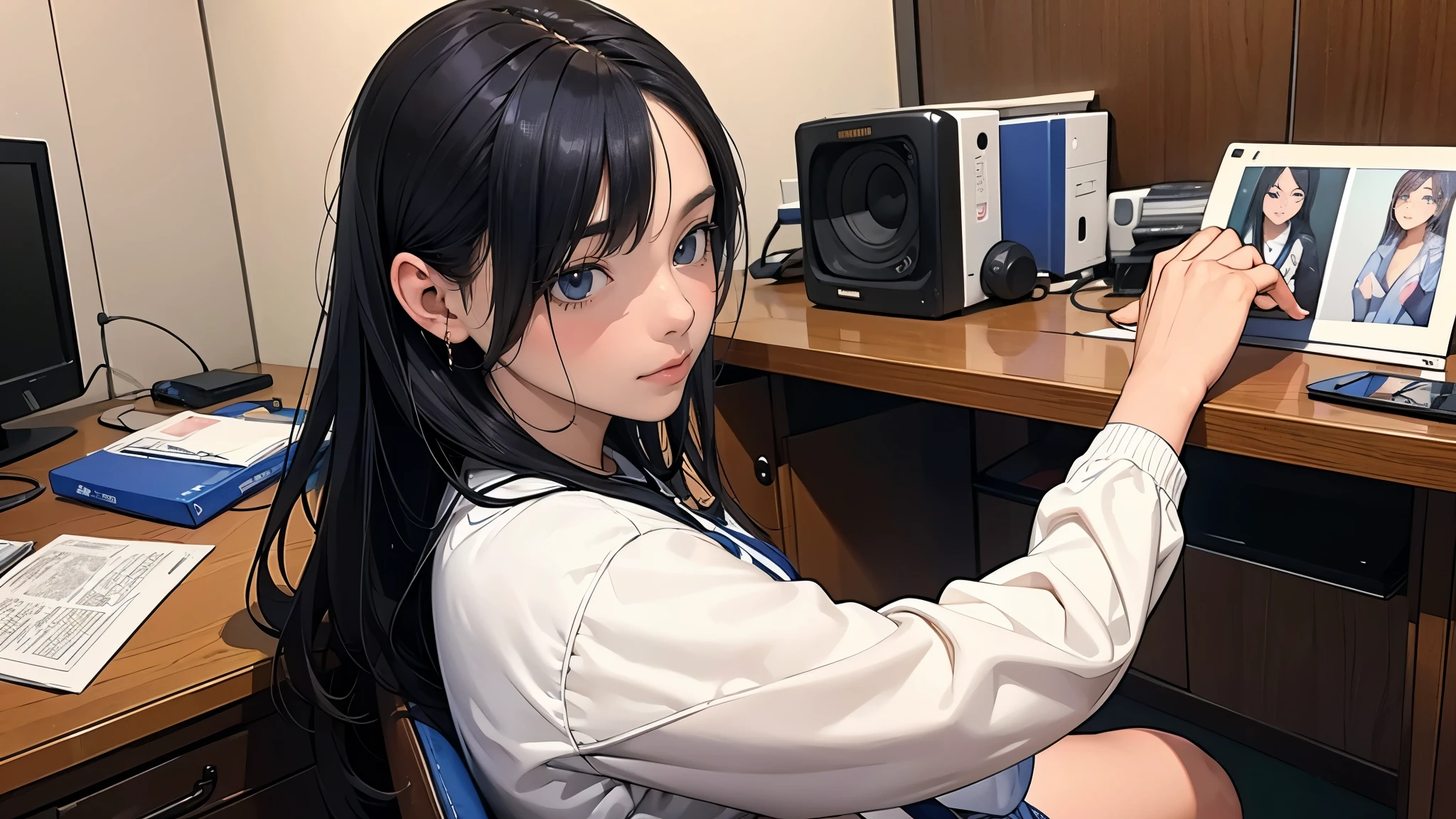 Ultra HD、super high quality、masterpiece、detailed、8K、The place is your room、A high school girl in her room１Person sitting and listening to music on headphones、Studying at a desk、The room is small、15-year-old high school girl、The high school girl is Russian and has long black hair.、Has blue eyes、Has a glamorous figure、The clothes she&#39;s wearing are a camisole, a miniskirt, and knee-high socks.、Or wearing a uniform、Pretty sexy、Lo-Fi images,The background is blurred、Nostalgic and relaxing atmosphere、The decorations are retro.、Late Night、The light is a desk lamp