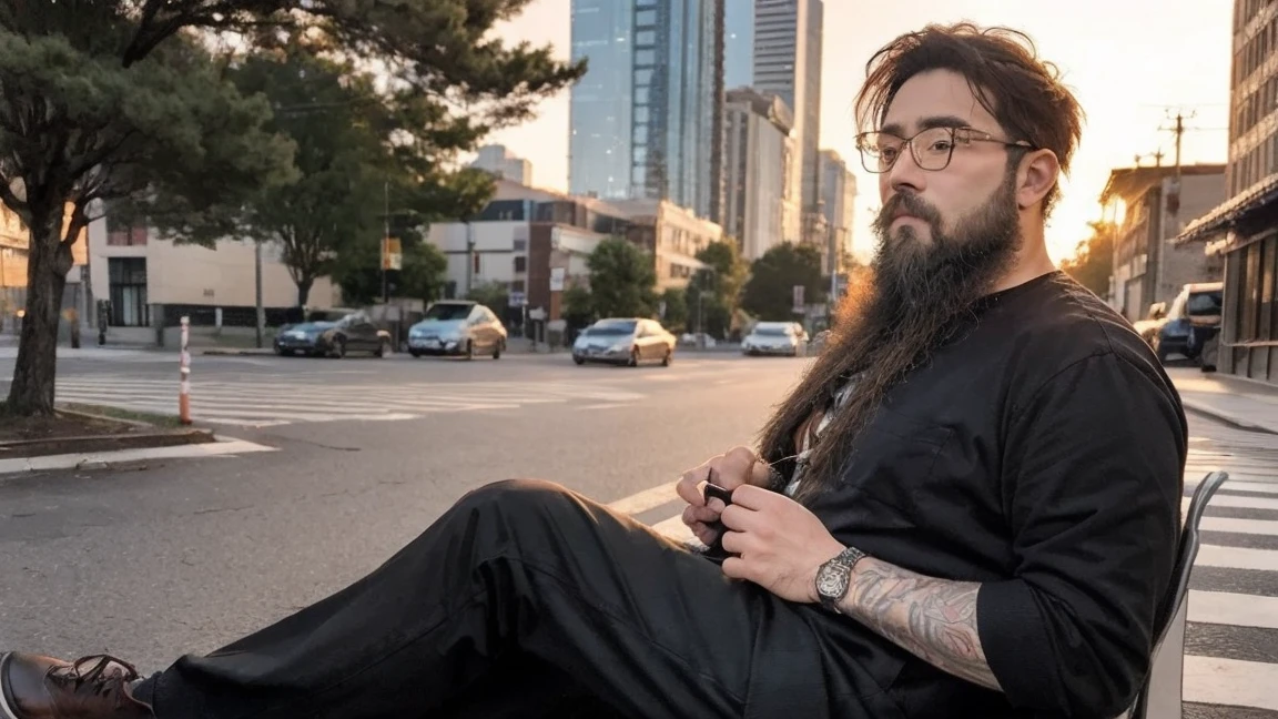 (Sunrise Time), 独奏, sitting, outdoors, sky, tree, building, scenery, cityscape, (dark), 1 boy, Glasses、無精beard、beard、