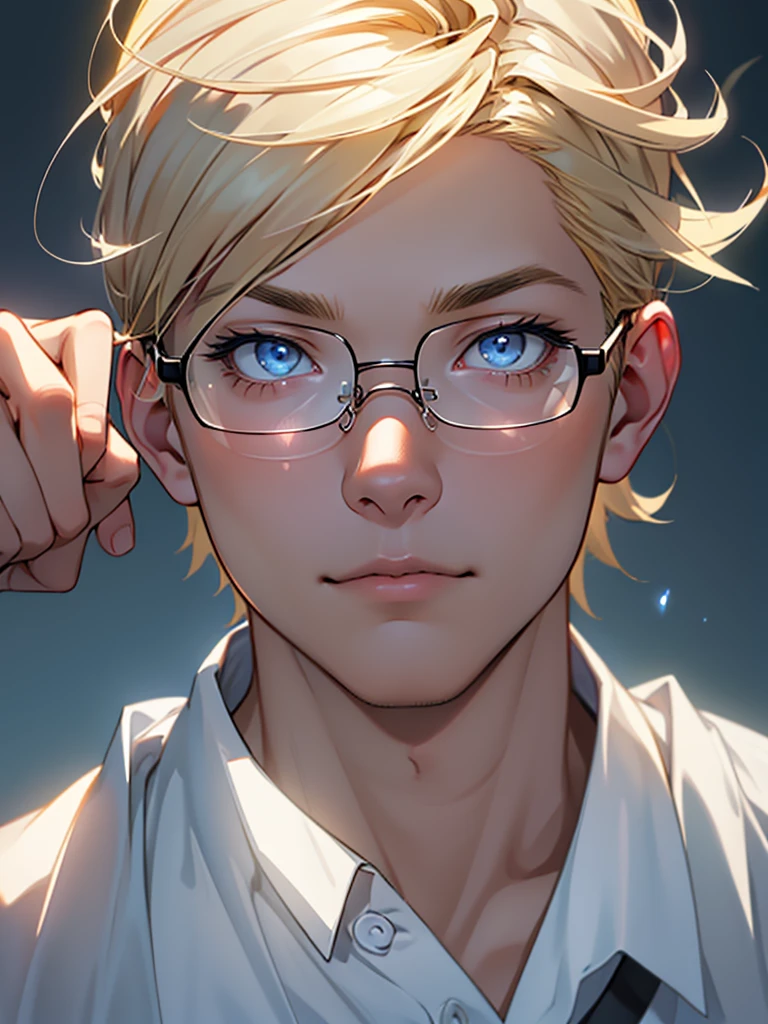 High quality,beautyな背景,detailed,masterpiece,beauty,1 person,Adult male,Up to the waist,Idol,Cute Men,Handsome,Idol衣装,Fluttering,Lots of cloth,Rimless glasses,笑face,Idolのステージ上に立つ,Live,Hold the microphone, 
((((perfection_face))),Wink,(Beautiful lighting:1.3),Dynamic Lighting,Dynamic Pose,Active,Platinum Blonde,Standing pose,Golden Ratio,Light blue eyes