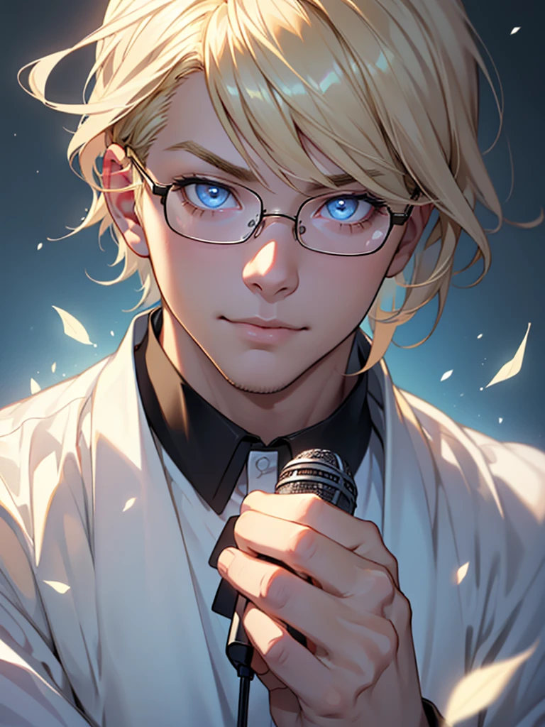 High quality,beautyな背景,detailed,masterpiece,beauty,1 person,Adult male,Up to the waist,Idol,Cute Men,Handsome,Idol衣装,Fluttering,Lots of cloth,Rimless glasses,笑face,Idolのステージ上に立つ,Live,Hold the microphone,
((((perfection_face))),Wink,(Beautiful lighting:1.3),Dynamic Lighting,Dynamic Pose,Active,Platinum Blonde,Standing pose,Golden Ratio,Light blue eyes