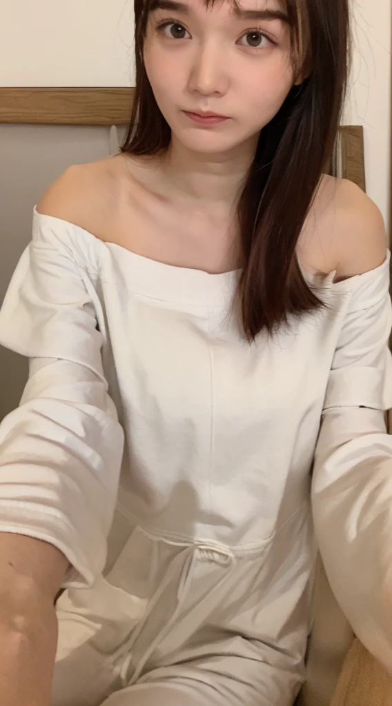 ((Highest quality, 8K, masterpiece: 1.3)), sharp: 1.2, Perfect Body Beauty: 1.4, Slim Abs: 1.2, ((Change of clothes:1.2、Big Breasts: 1.2)), (((Off-shoulder pajamas))), Short shorts:1.2, Bare shoulders, (((Underbust: 1.1))), Face close-up: 1.0, Highly detailed face and skin texture, Beautiful Eyes, double eyelid, (((Looking down at the camera)))