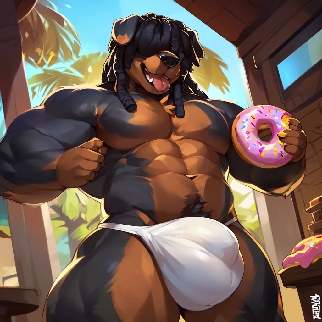 Solo, Anthro, male (((Rottweiler, muscular, abs, brown fur, black body, black hair, brown snout, brown tipped hair, dreadlocks over eyes, dreadlocks, hair over eyes, white thong, huge bulge))) standing, panting, tongue out, holding donut, chocolate donut, detailed donut, detailed fingers ((focus chocolate donut, focus donut, focus holding donut, focus brown snout)) full body, perfect anatomy, by darkgem, by mystikfox61, by glitter trap boy