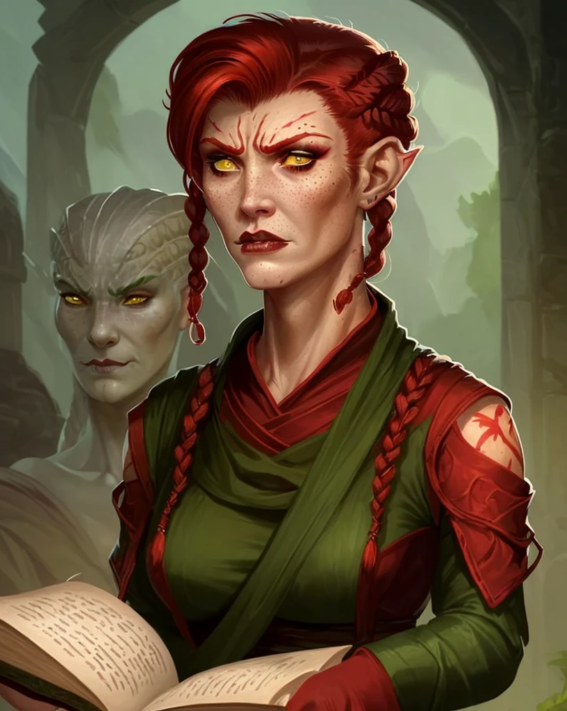 A female red tiefling with white short hair with two braids, Mature looking woman, Angry looking, emerald green make up, yellow eyes, white subtle freckles and a scar on her nose reading a book