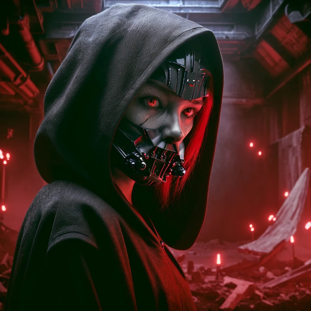 (very sharp result, full body desaturated photo) (((textile shading))), (((Best Quality))), (((masterpiece))) (((hyper realistic photo))) in starwars universe, dark atmosphere, backlight shoot body sith lordes japanese girl in black cult hoodie pale skin, cyborg part of her face, vampire looks, piercings, mysterious sinister with bright red eyes (she is broken darth vader helmet) red hair, red light mood,in ruined castle full of sparks hi-tech space facility, horror feel mood gritty atmosphere,4K