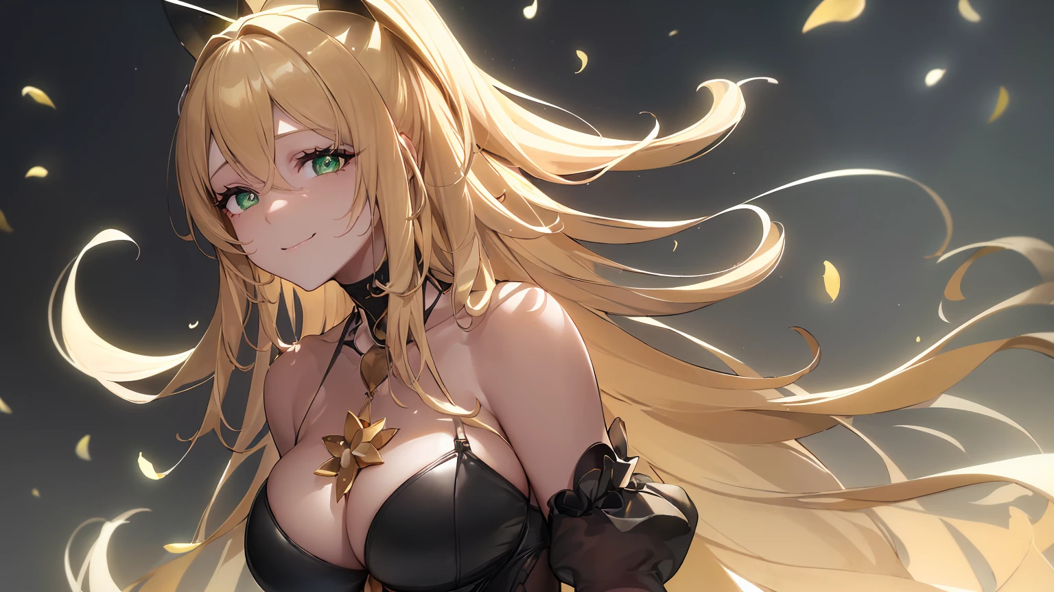 ((((Obra maestra, La mejor calidad, ultrahigh resolution)))), 1girl, standing,), ((long pure blonde hair, hair over eye)), long hair cut, shiny skin, ((green eyes)), glowing_eyes, neon eyes, (ultra detailed eyes:0.7, beautiful and detailed face, detailed eyes:0.9), ((centered)), smirk, facing viewer, ((vibrant background, dark lighting, summer, sunlight)), large chested, looking at viewer, ((half closed eyes)), ((perfect hands)), (((head:1, arms, hips in view, elbows, in view))), ((hands behind back)), empty eyes, beautiful lighting, ((outside, outdoors)), defined subject, head tilt, (((gritty)), ((creepy)), ((cool)), ((beautiful)), (((SFW))), hair ornament, petals in the air, moon in the sky, city, mature woman, adult woman, sfw, dark gold night dress, night dress, she is a princess, smiling