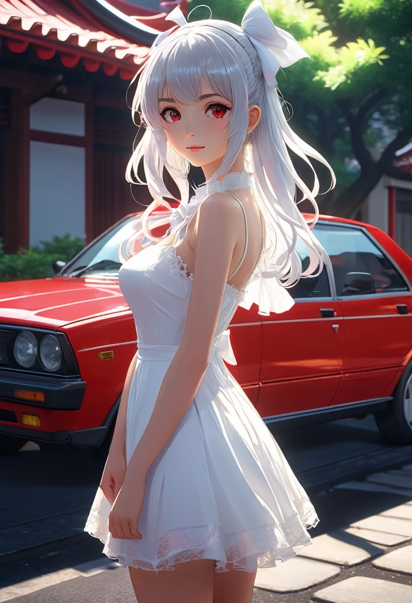 Arafe girl in a white dress standing next to a red car、Anime Style4K、Anime Style。8K、cute anime waifu in a nice dress、Anime Moe Art Style、8K!、Shirarei Reimu、Anime Painter Studio、Guweiz、Smooth anime CG art、ワルアニメ8K、Made in high quality anime art style