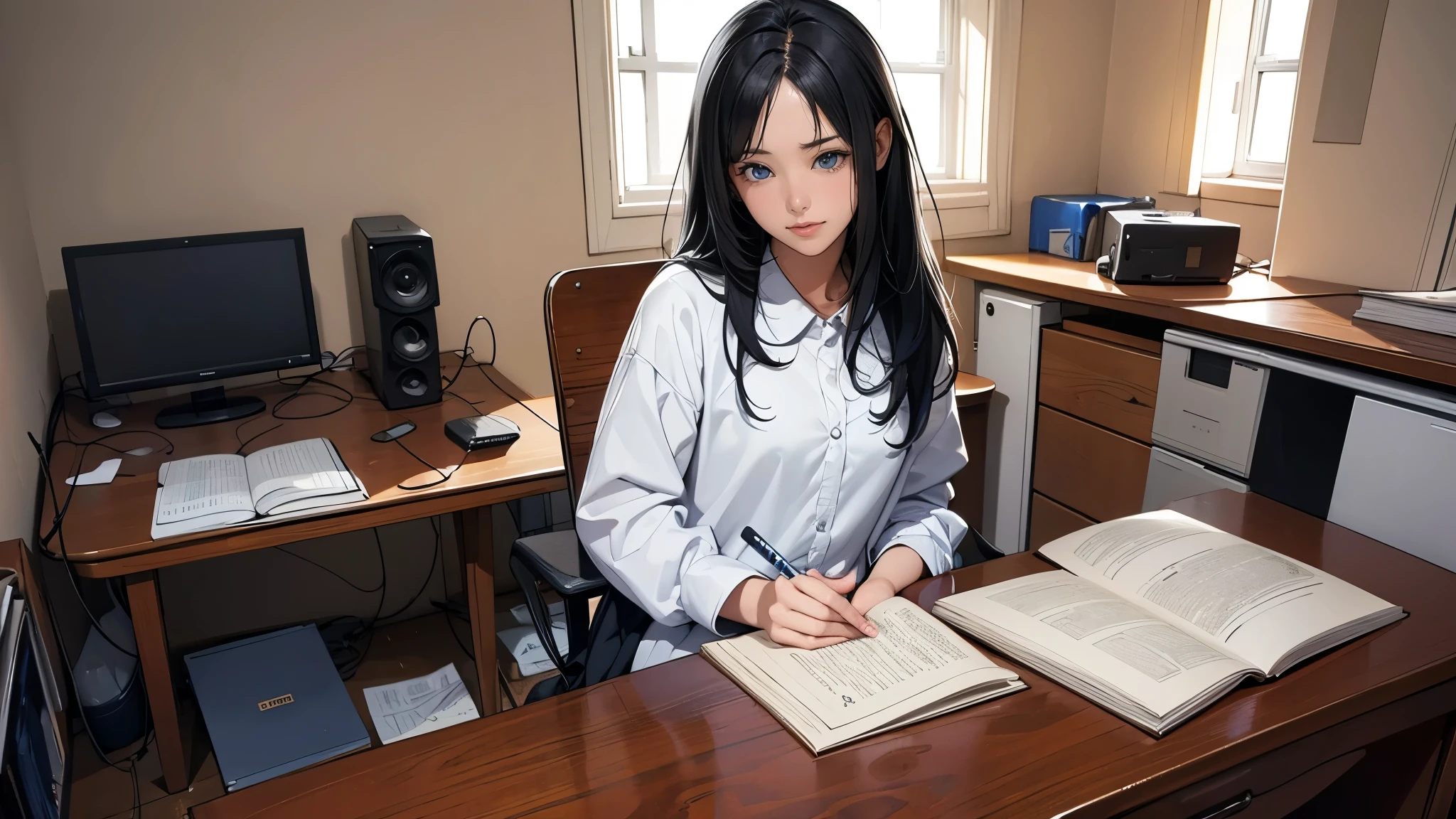 Ultra HD、super high quality、masterpiece、detailed、8K、The place is your room、A high school girl in her room1Person sitting and listening to music on headphones、Studying at a desk、The room is small、15-year-old high school girl、The high school girl is Russian and has long black hair.、Has blue eyes、Has a glamorous figure、The clothes she's wearing are a camisole, a miniskirt, and knee-high socks.、Or wearing a uniform、Pretty sexy、Lo-Fi images,The background is blurred、Nostalgic and relaxing atmosphere、The decorations are retro.、Late Night、The light is a desk lamp