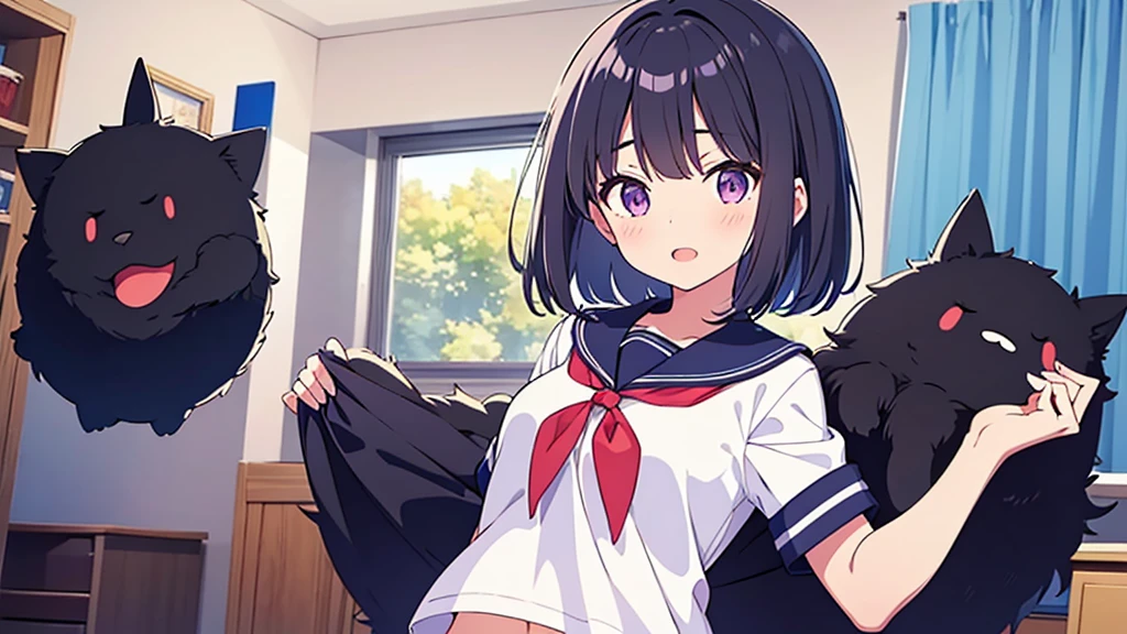 primary school girl, 8 years, A cup of breasts, black fur, wide, purple eyes （One Person） Smooth white upper body., short sleevesＴshirt, navy blue mini skirt, white panties（（I can see her panties）） white socks　 girl&#39;room 　session （（I can see her panties）） Dynamic angle Low angle