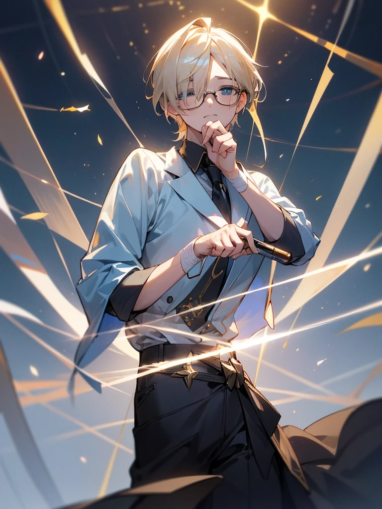 High quality,beautyな背景,detailed,masterpiece,beauty,1 person,Adult male,Up to the waist,Idol,Cute Men,Handsome,Idol衣装,Fluttering,Lots of cloth,Rimless glasses,笑face,Idolのステージ上に立つ,Live,Hold the microphone,
((((perfection_face))),Close one eye,(Beautiful lighting:1.3),Dynamic Lighting,Dynamic Pose,Active,Platinum Blonde,Standing pose,Golden Ratio,Light blue eyes