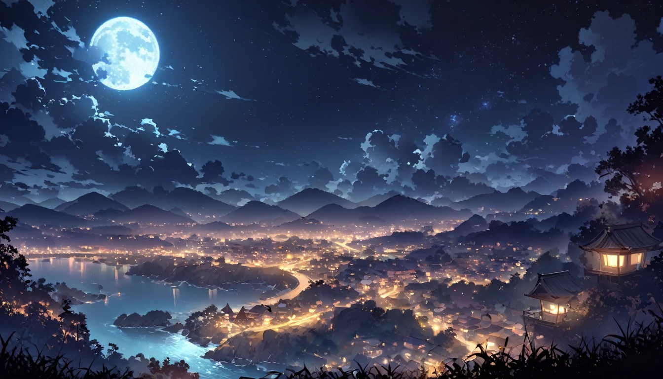1 male, night, night景, landscape, moon