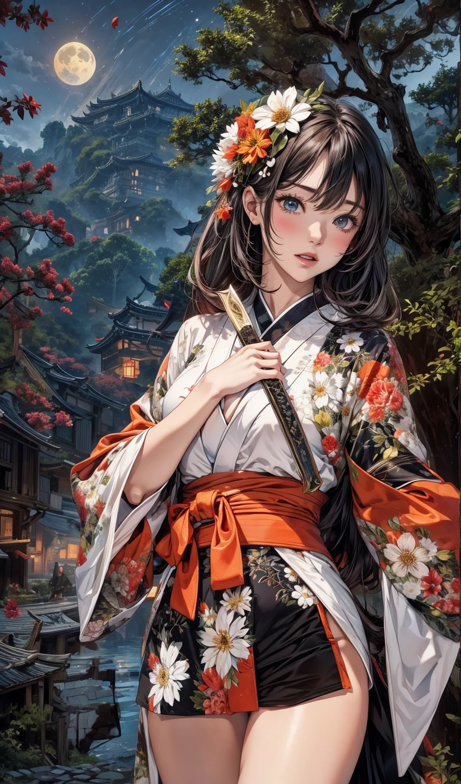 Moonlit Night、Thighs exposed、A short sword still in its sheath in his right hand、darkness、Cinematic Light、Simple Kimono、山はwood々is overgrown with、Only a castle on top of a mountain、The road is paved with cobblestones、wood々The area is covered with lush greenery.、The mountainside is a cliff、woodは葉のみが茂る、flowers are not blooming、No flowers added