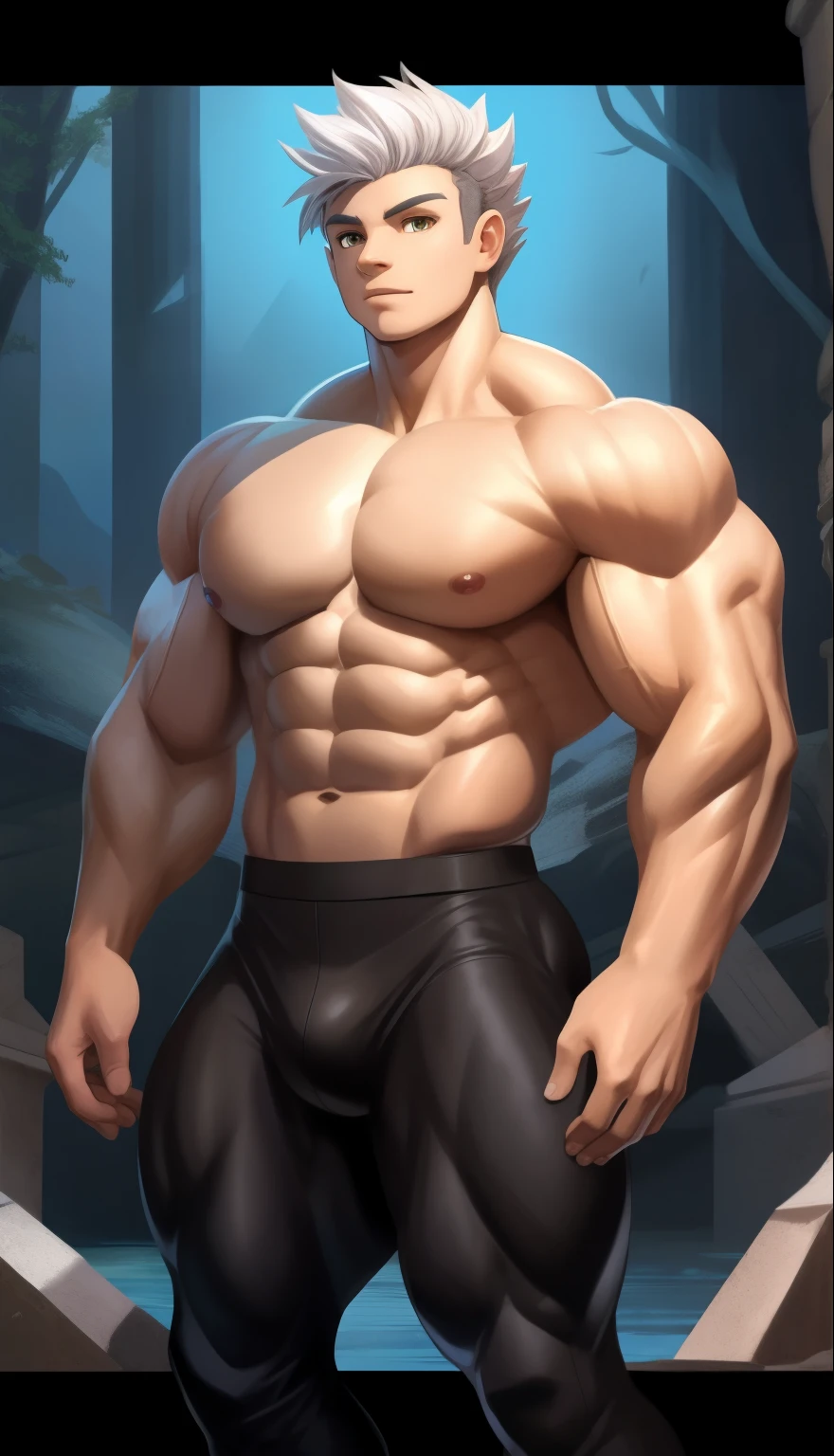 A ( face) 15 year old teen (15 yearsttractive boy, standing, full body. Mexican ethnicity. tanned skin, silver white hair, short hair bangs that fall on both sides of his youthful face. carefree expression, young man, alone, marked muscles, beautiful musculature, aesthetic stretch marks, inspiring physique, slender muscles, square pecs, beautiful V-cone, excellent abs and torso, chiseled abs, pectorals chiseled, perfect massive muscles, inflated muscles, voluminous pectorals, massive muscular body, a huge gigantic chest with a narrow waist, huge shoulders, ridiculously well-shaped large pecs, eight chiseled abs, (very toned and huge) with his military haircut and voluminous neck, narrow waist, golden eyes, young face, beautiful, young. Teen muscular young builder with extraordinary and firm back, chiseled muscles, rhomboid muscles, latissimus dorsi. Gigachad. he wears a Use Vegeta's training suit. A tight one-piece suit from the neck to the ankles, black in color, the suit has no sleeves, it does not use a belt. The black shirt and pants are a single piece of clothing, the shirt has a U neck, has no sleeves and highlights his prominent abdominals and pectorals (covered abs, covered pecs). He doesn't wear a belt. His muscles stand out. He wears white gloves on his hands, and white boots. Ruins of a Jedi temple with forest background. standing, full body. (((Back))) huge firm muscular thighs, round buttocks and round butt with back, huge ass ((firm buttocks)) with big booty. (((black clothes)))