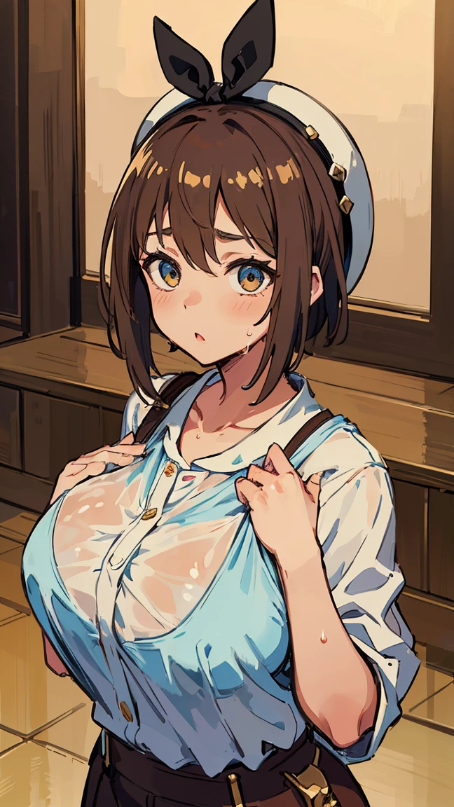 (Highest quality, 8K, masterpiece :1.3),Lizaリン・シュタウト(Lizaのアトリエ),Liza,Plump, One woman,Wet with sweat,Large Breasts,short hair,Brown Hair,hair band,Clothing,hat