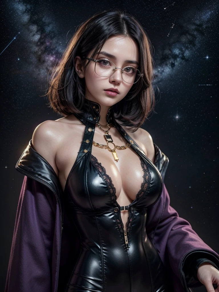 ,Closeup,Photograph, a woman, attractive, beautiful, busts large,sexy,slender, short wavy black hair, brown greenish eyes, vintage glasses, purple overcoat, black v-neck bodice with laces, tight black pants with gold chain feel, futuristic background, the nebulous constellation space blue tones