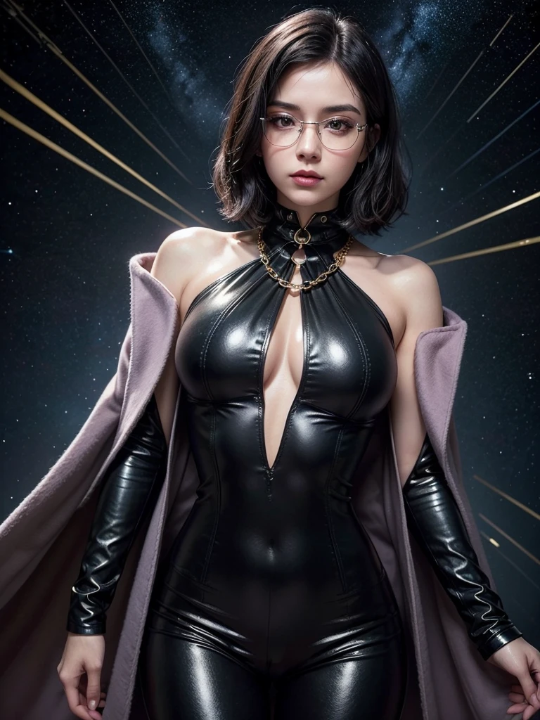 ,Closeup,Photograph, a woman, attractive, beautiful, busts large,sexy,slender, short wavy black  hair, brown greenish eyes, vintage glasses, purple overcoat, black v-neck bodice with laces, tight black pants with gold chain feel, futuristic background, the nebulous constellation space blue tones