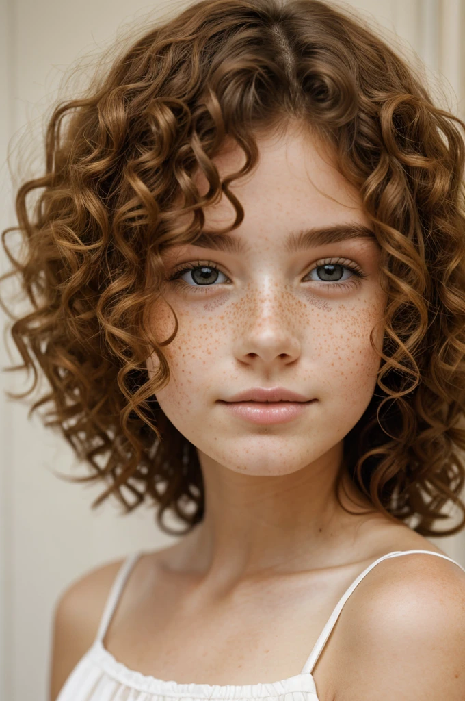 Girl with a tender face, white, with freckles, curly hair and brown
