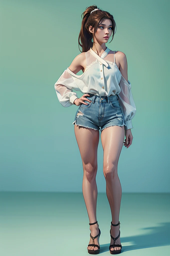 a woman, standing, front view, 18 years old, brown hair tied in a medium ponytail, green eyes with long eyelashes, white blouse with exposed shoulders, denim shorts, brown high-heeled sandals, attractive proportional body, minimalist full-length photo, 8k resolution, high quality, detailed