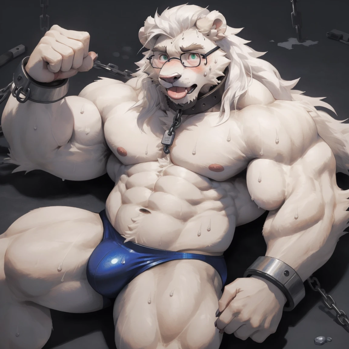 masterpiece, best quality, 8k resolution, Very detailed, hairy，(((White lion)))，(((Mature)))，(((middle age)))，(((White hair all over body))),(((Blushing)))，(((Super Muscle)))，(((strong)))，portrait，(((Green eyes)))，(((Strong)))，(((Glasses)))，(((Shirtless)))，Hip bulge，For the audience，(((Shameful)))，Highest quality scene，Solitary，solitary，(((thong))，(((Hip bulge)))，(((Sweating)))，((Chains))，(((limb shackles))))，(((Neck collar)))，(Shameful)，((Lying)))，((Stick out your tongue))，(((White fur)))，((Long hair))