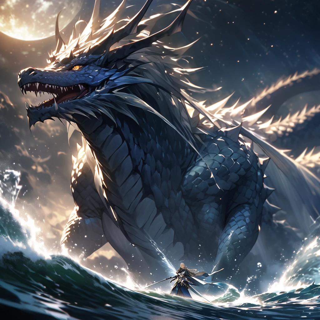 Under the vast night sky,A lifelike water dragon is showing its magnificent posture。Water jets out of the dragon's mouth,Creates delicate and complex ripples and spray effects,Extremely rich in details。The whole is radiant,Water flows and dragon bodies are rendered with realistic and photo-realistic accuracy。The clear water flow is particularly eye-catching against the dark background,In sharp contrast。As the water dragon appears vividly in the sky,The overall composition exudes a sense of mystery and wonder,A unique work of art。Carefully designed lighting effects enhance the drama of the dragon and water flow,The whole work exudes a fascinating atmosphere。