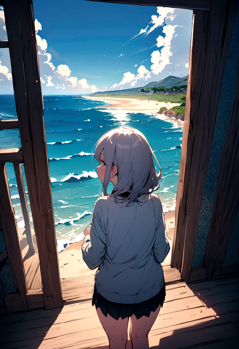 seaside city, overlooking the sea, one girl closeup, swimsuit, bikini, elf, silver hair, red eyes, bob cut, concept art, official art, beautiful anime scene, beautiful anime landscape, anime landscape
